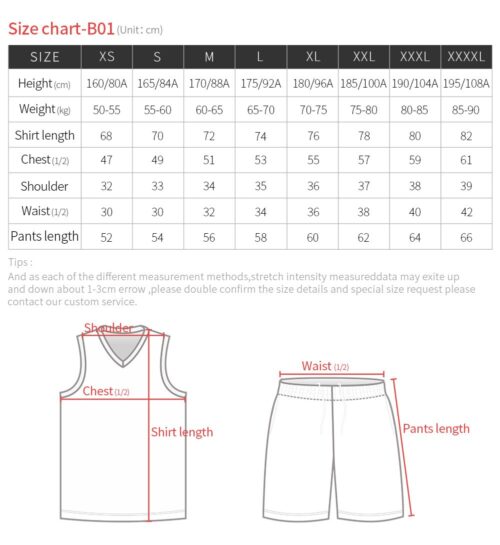basketball kit size chart