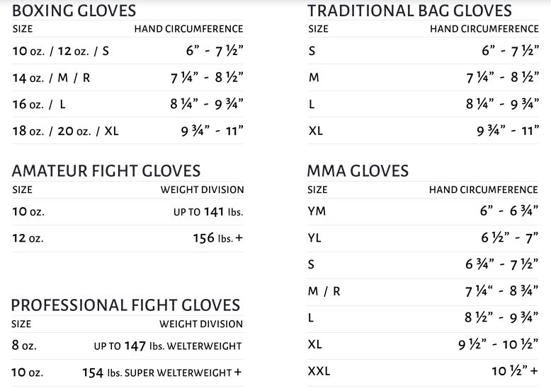 mma gloves size chart