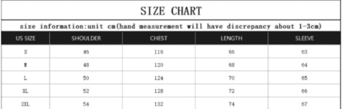 down jacket size chart
