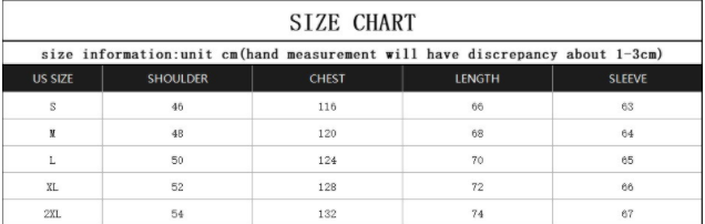 puffer jacket size chart