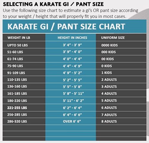 taekwondo uniform size chart