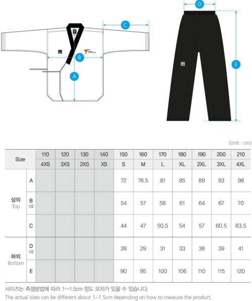 taekwondo gi size chart